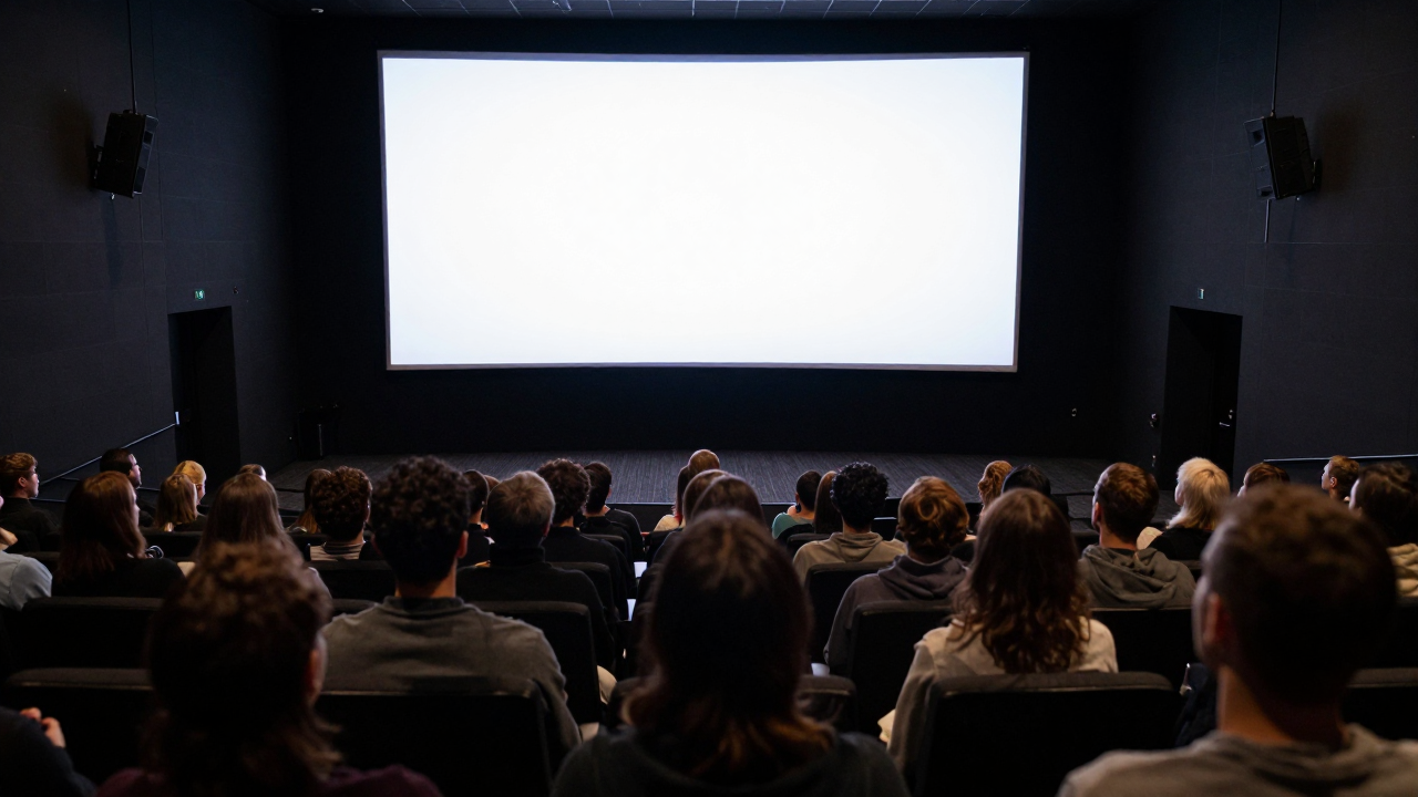 Audience members watching a short film on a big screen in the darkened theatre hall of a cultural centre