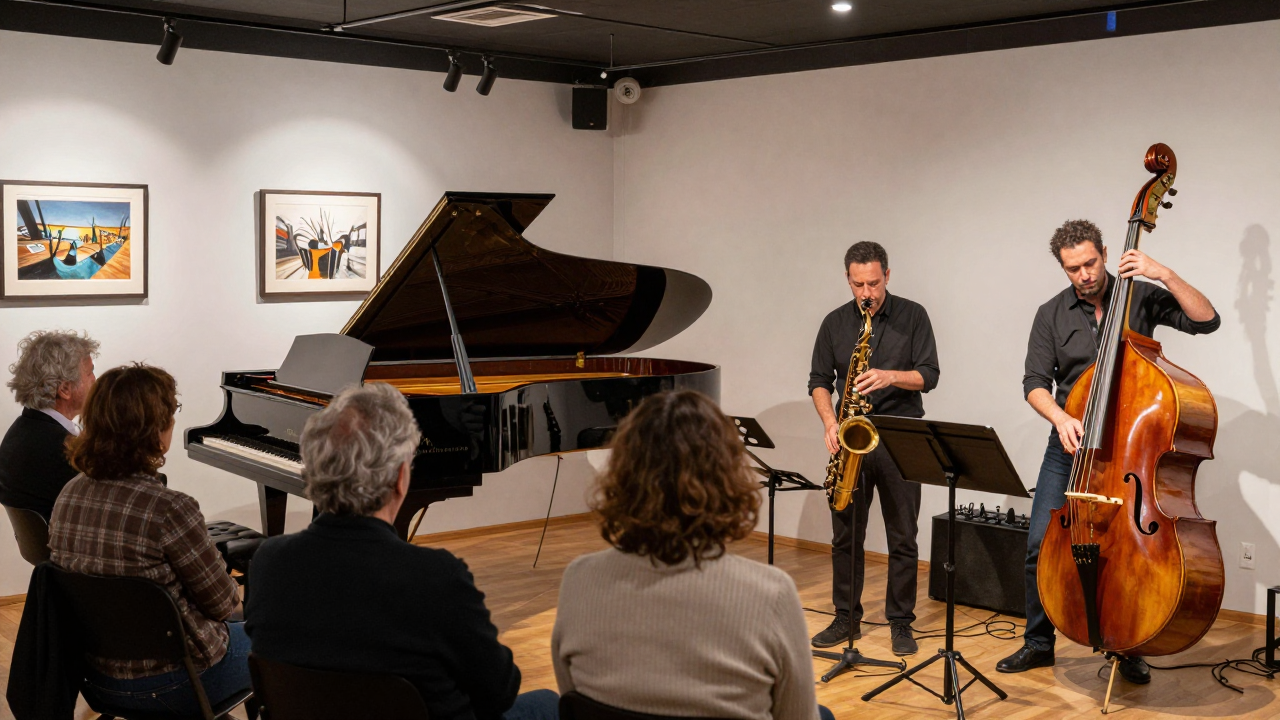 A jazz quartet playing for a seated audience of mixed ages